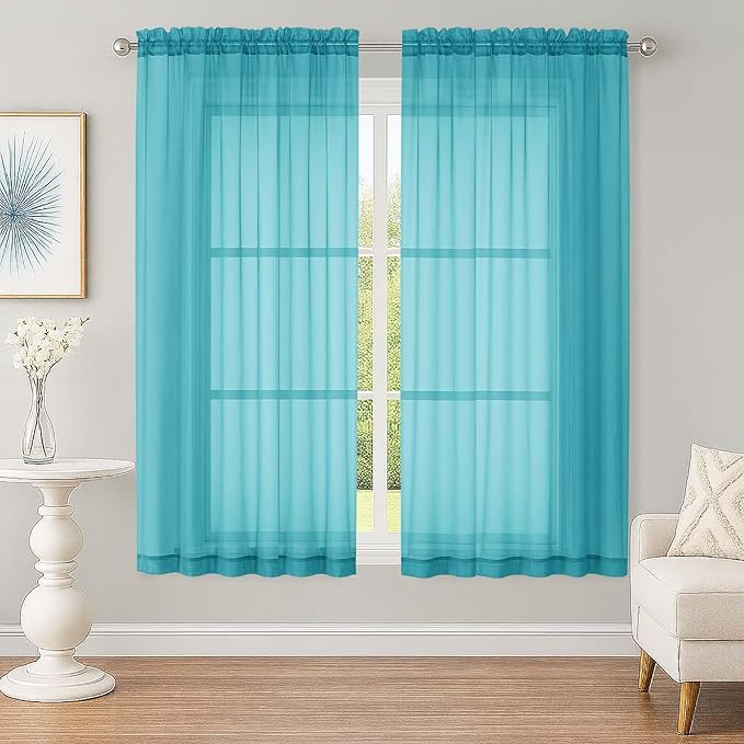 Sheer Turquoise Curtains, Sheer Curtains 63 inch Length 2 Panels Set, Rod by OWENIE