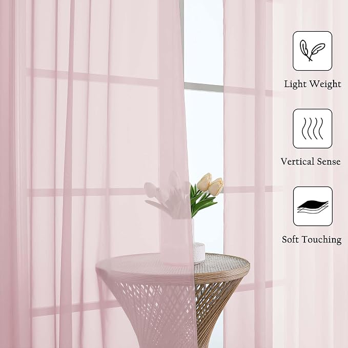 Blush Pink Sheer Curtains 84 Inches Long 2 Pcs, Rod Pockets Breathable Rustic - Image 2