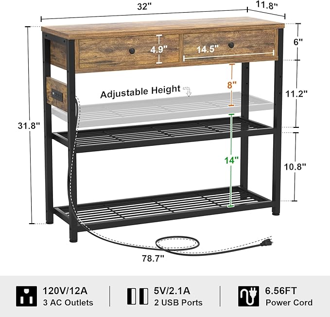 Ecoprsio Entryway Table with Outlets and USB Ports, Console Table with 2 Drawers, Small Sofa Table with Storage Shelves for Living Room, Couch, Hallway, Foyer, Kitchen Counter, 32'', Rustic