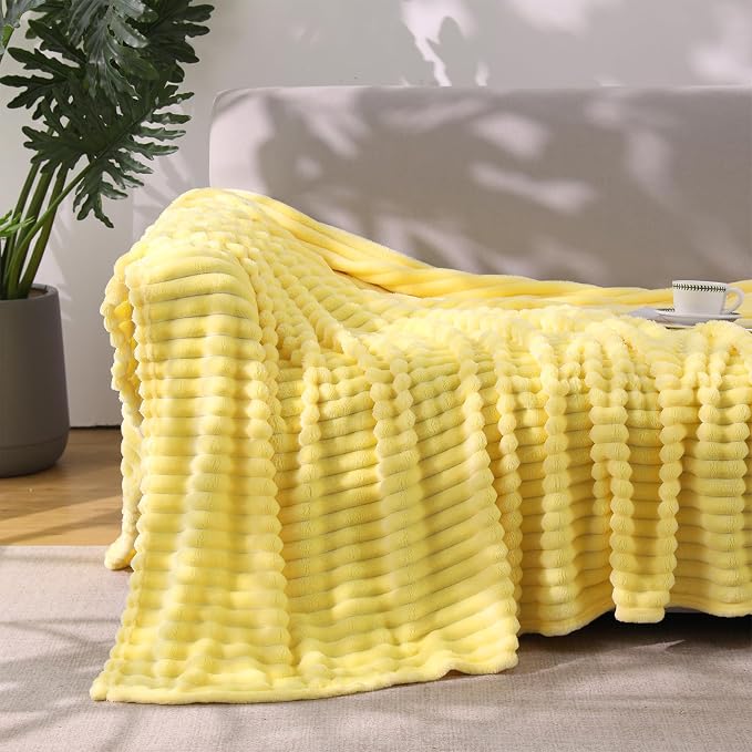 Banana Yellow Throw Blanket for Couch Sofa 50”x60” Striped Design | Fleece - Image 2