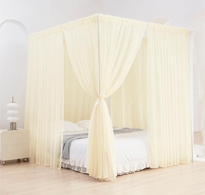 Akiky Ivory Canopy Bed Curtains with Lights 8 Panel Canopy Curtains Drapes for Twin Size Bed Large Rod Pocket Sheer Canopy Bed Drapes