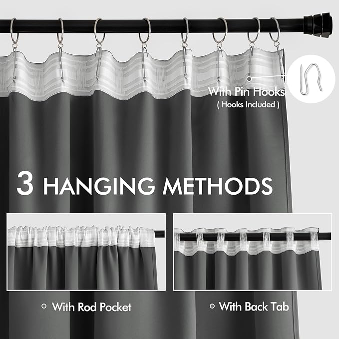 MIULEE Grey Back Tab Blackout Curtains 52x90 Inch Long 2 Panels Set | Rod - Image 3