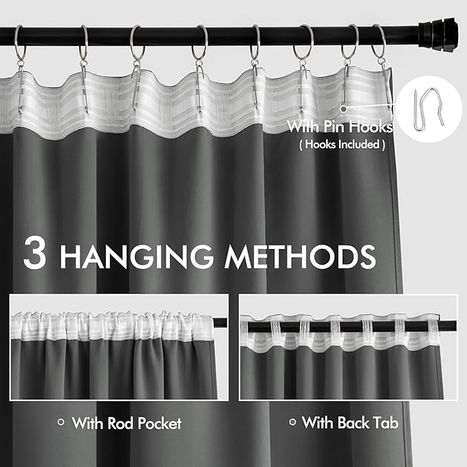 MIULEE Grey Back Tab Blackout Curtains 52x108 Inch Long 2 Panels Set | Rod - Image 3