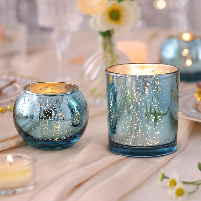 20 Pcs Assorted Lake Blue Votive Candle Holders, Larger Size Mercury Glass Candle Holder Bulk, Tealight Candle Holders for Wedding Decorations, Bridal Shower Table Decorations, Lake Blue Centerpieces