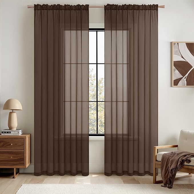 MIULEE Chocolate Brown Sheer Curtains 54 X 84 Inches, 2 Panels | Voile Drapes by MIULEE