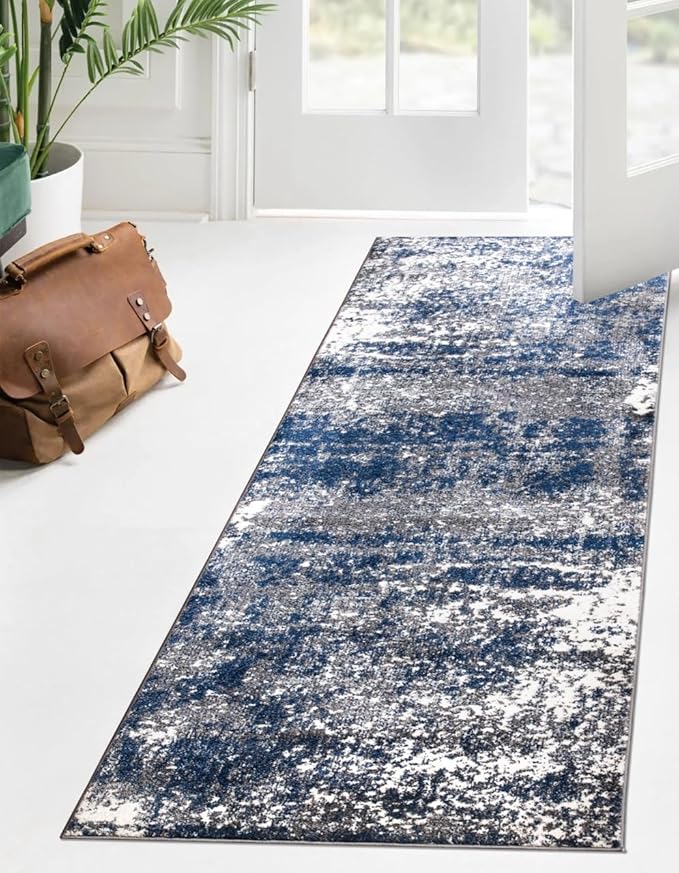 Keen Home Design Area Runner Rugs - 2x8 Non-Shedding, Abstract Runner for Kitchen, Living Room, Bedroom, Dining Room, Entryway - Size: 2'8" x 7'7", Navy/Grey/White