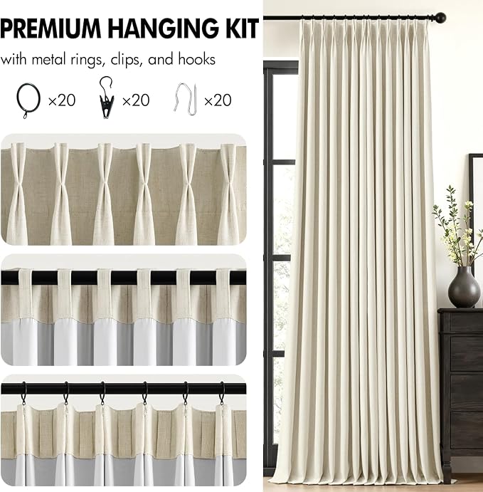 MIULEE Cream Pinch Pleated 100% Blackout Linen Curtains 40x108 Inches | Room - Image 8