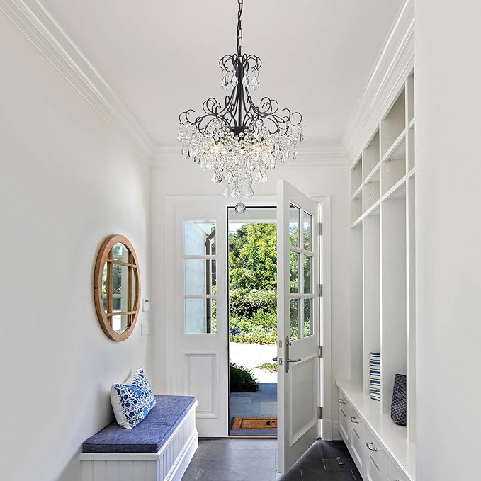WUZUPS Crystal Chandelier 5-Light Pendant Ceiling Light Modern Lighting Fixture for Dining Room Hallway Bedroom Kitchen Bathroom, H 22.4" x W 18.3", E12 Base, Black