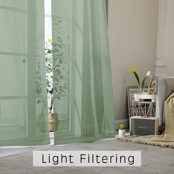 Sage Sheer Kitchen Valance for Windows Set of 2, Short Modern Rod Pocket Voile - Image 5