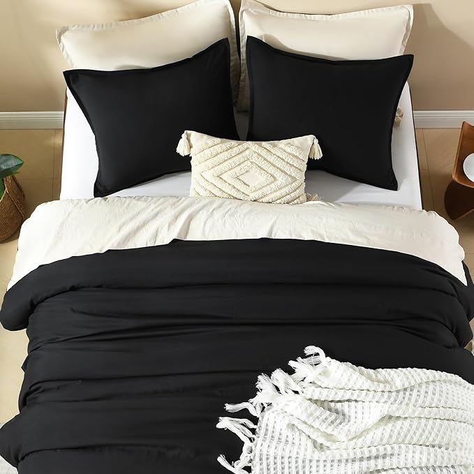 Litanika Black Comforter Set Queen Size, 3 Pieces Lightweight Solid Bedding Comforter Set, All Season Fluffy Bed Set (90x90In Comforter & 2 Pillowcases)