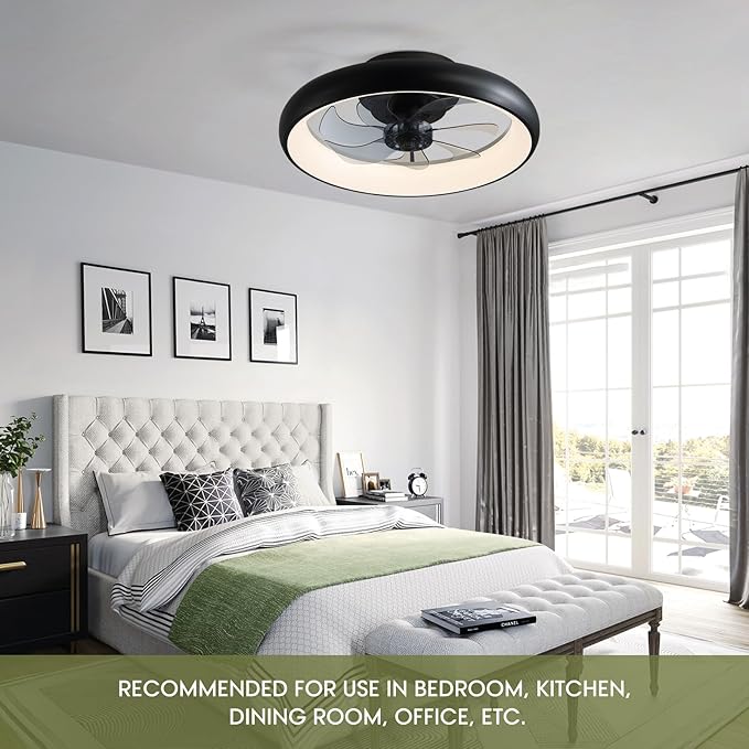 Modern Black 20" Flush Mount Ceiling Fan with Lights, 6 Wind Speeds, LED, Bedroom, Kitchen