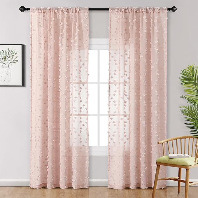 MYSKY HOME Pom Pom Pink Sheer Curtains for Bedroom Girls Room Dusty Rose Curtains 72 Inches Long for Nursery Kids Light Filtering Boho Window Drapes, Rod Pocket, 38" Wide, 2 Panels
