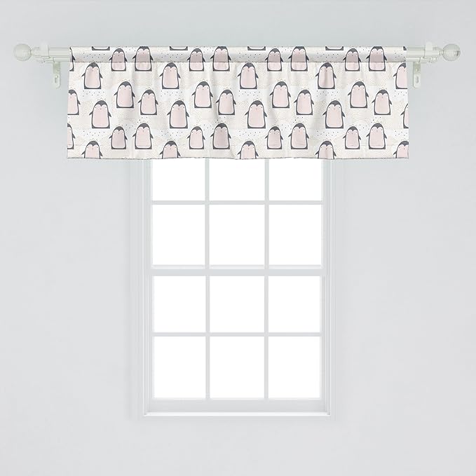 Ambesonne Penguin Window Valance Pack of 2, Pastel Colored Style Cartoon Animals from Antarctica Crowns on a Dotted Background, Rod Pocket Curtain Valances for Kitchen Bedroom, 54" X 18", Grey Pink