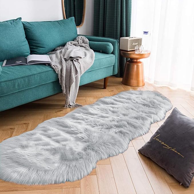 Latepis Grey Faux Sheepskin Fur 2x6 Runner Rugs High Pile Soft Plush Fuzzy Rug by Latepis