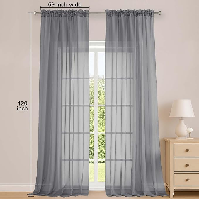 Grey Sheer Curtains 120 Inches Long 2 Panels Set, Airy Lightweight Sheer Grey - Image 2