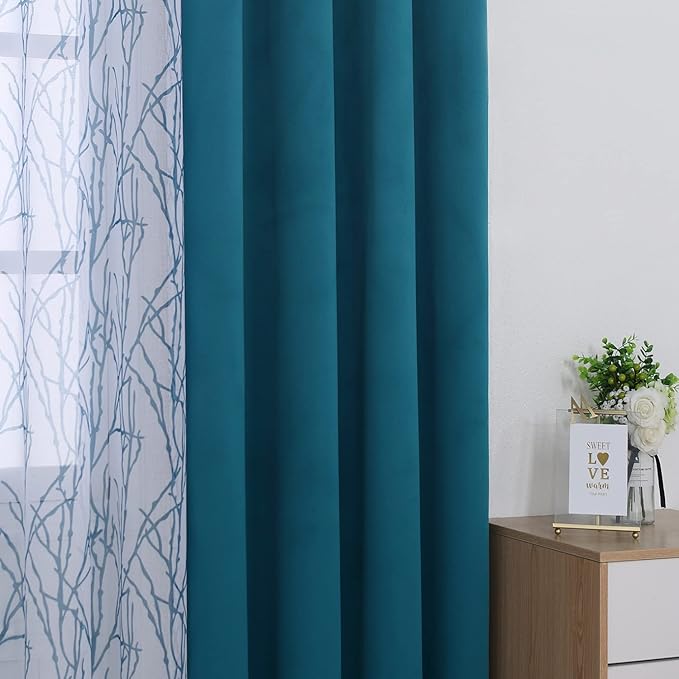 BONZER Mix and Match Curtains - 2 Pieces Branch Print Sheer Curtains and 2 Pieces Blackout Curtains for Bedroom Living Room Grommet Window Drapes, 54x108 Inch/Panel, Teal, Set of 4 Panels