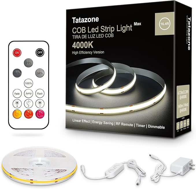 White COB Led Strip Lights Max with RF Remote, 16.4ft 4000K Dimmable Ultra Bright Neutral White COB Light Strip, Indoor COB Led Lights for Mirror, Ceiling, Kitchen, Room, Cabinet, Closet