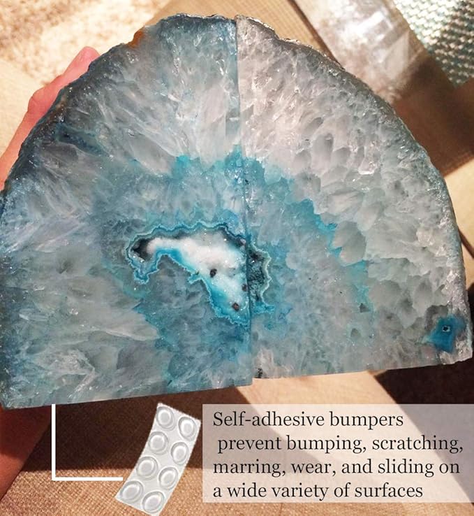 AMOYSTONE Bookends Agate Decorative Book Ends for Shelves Heavy Duty Crystal Stone Bookends Dyed Teal with Rubber Bumpers 1 Pair, 3-4 LBS