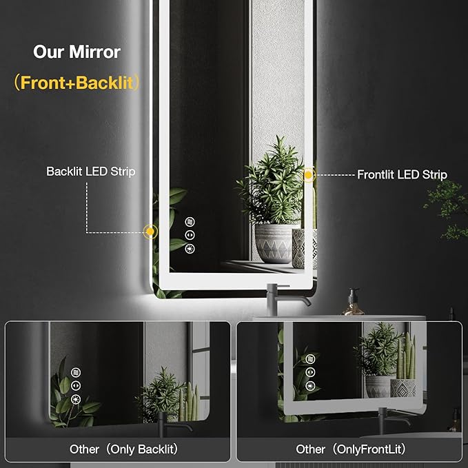 LED Bathroom Mirror 40"x 24" with Front and Backlight, Anti-Fog Dimmable, Lighted Bathroom Mirror with Lights, Shatter-Proof, Tempered Glass, Decor Vanity Mirror for Wall(Horizontal/Vertical)