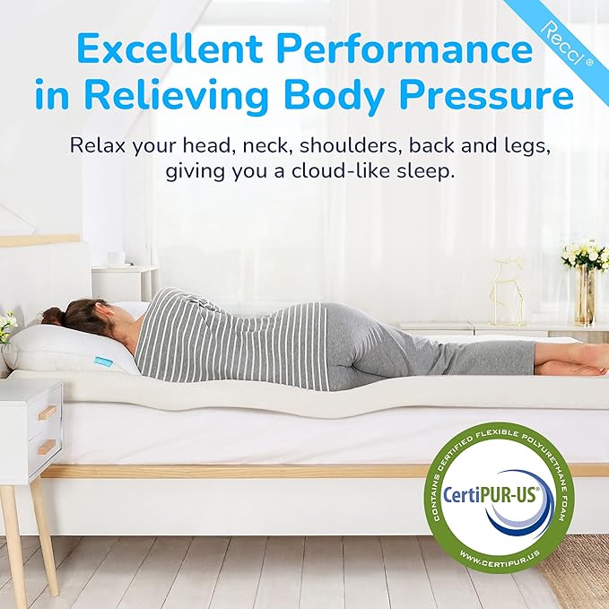 RECCI Memory Foam Mattress Topper, Pressure-Relieving Mattress Topper for Back Pain, Non-Slip Design with Removable & Washable Cover, CertiPUR-US Certified, 3 Inch Twin