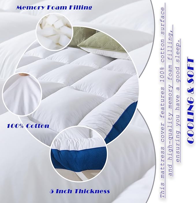WhatsBedding 5 Inch Memory Foam Full Size Mattress Topper 100% Cotton Top, Filled with Breathable & Soft Memory Foam Pillow Top,4 Elastic Straps, 75x54x5 Inch, Full