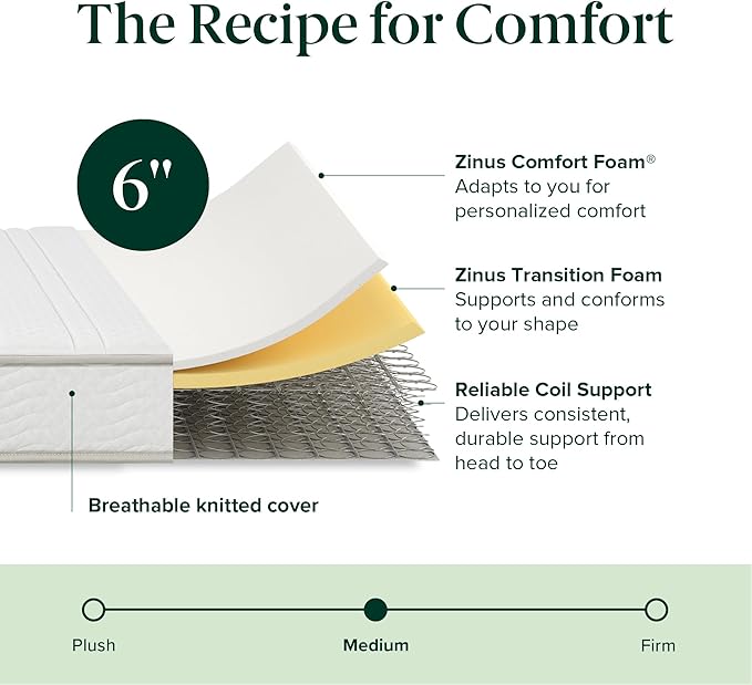 ZINUS 6 Inch Foam and Spring Hybrid Mattress [New Version], Twin, Medium Firmness, Durable Support, Certified Safe Foams & Fabric, Mattress in A Box