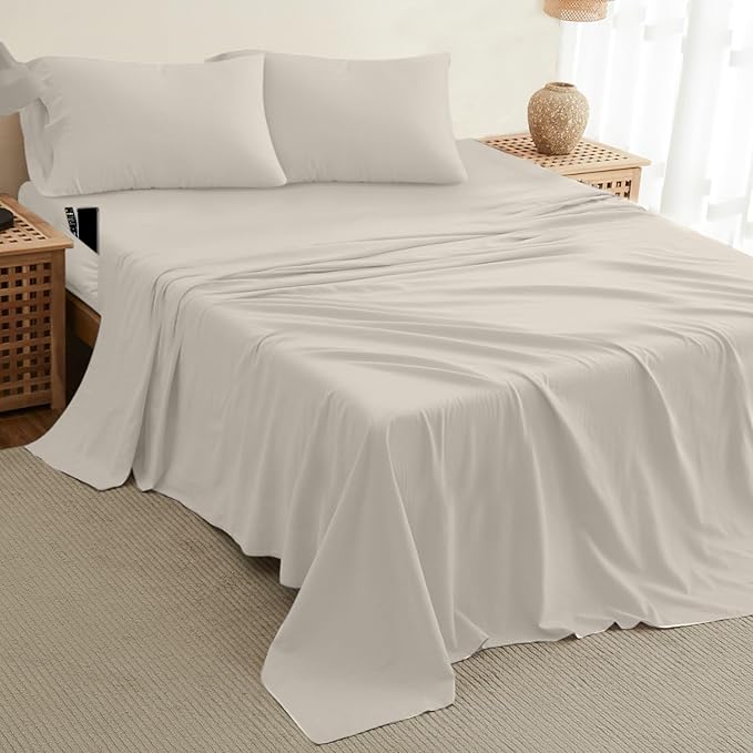 DREAMCARE Queen Sheet Set – 4 pcs Cooling Sheets – up to 21” Extra Deep Pocket Queen Sheets – Hotel Luxury Sheets & Pillowcases – Superior Softness 100% Fine Microfiber with Side Pocket – Ivory
