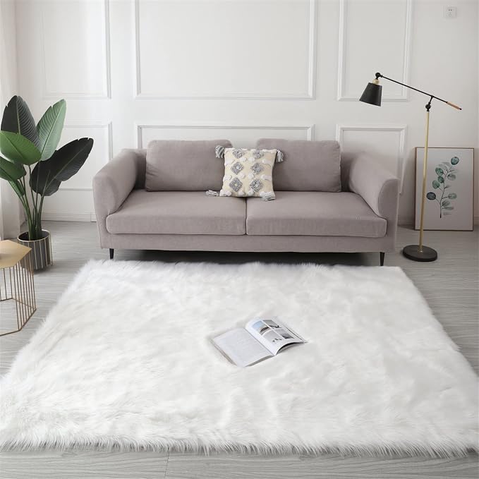 White Faux Fur Sheepskin Rug 6x9 Fuzzy Fur Rug Fluffy Carpet by TENNOLA