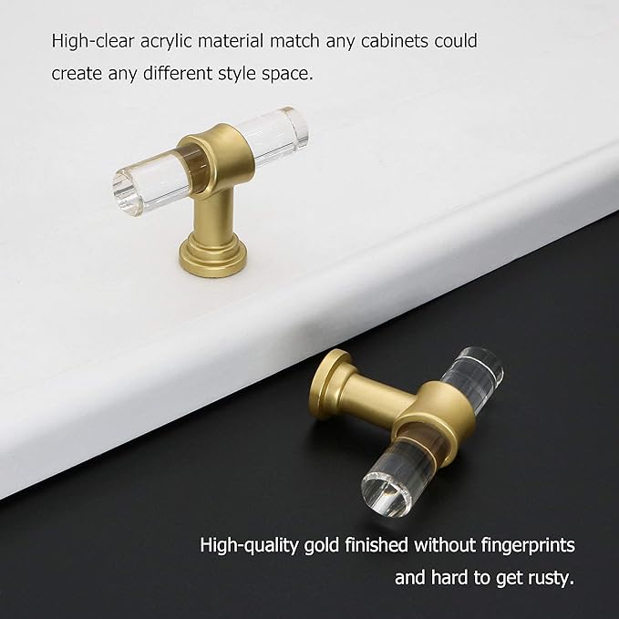 LONTAN 20 Pack Acrylic Kitchen Cabinet Knobs Gold Drawer Knobs Modern T Bar Clear Cabinet Door Handles White Kitchen Hardware for Dresser Bathroom,Zinc Alloy Base