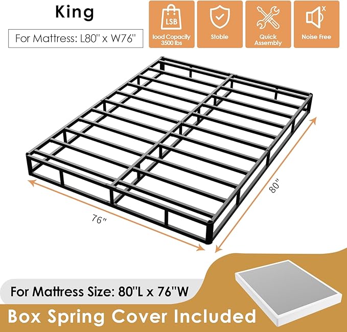 D&H FURNIMMT 7 Inch King Size Box Spring, Heavy Duty Metal Box Spring Bed Base with Fabric Cover, Mattress Foundation, Easy Assembly, Noise Free（King）