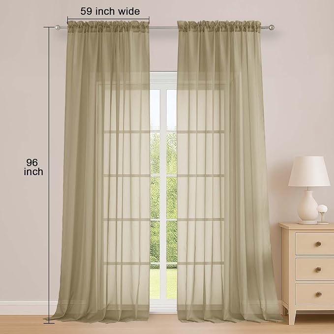Extra Long Taupe Sheer Curtains 96 Inches Long 2 Panels Set, Soft Lightweight - Image 2