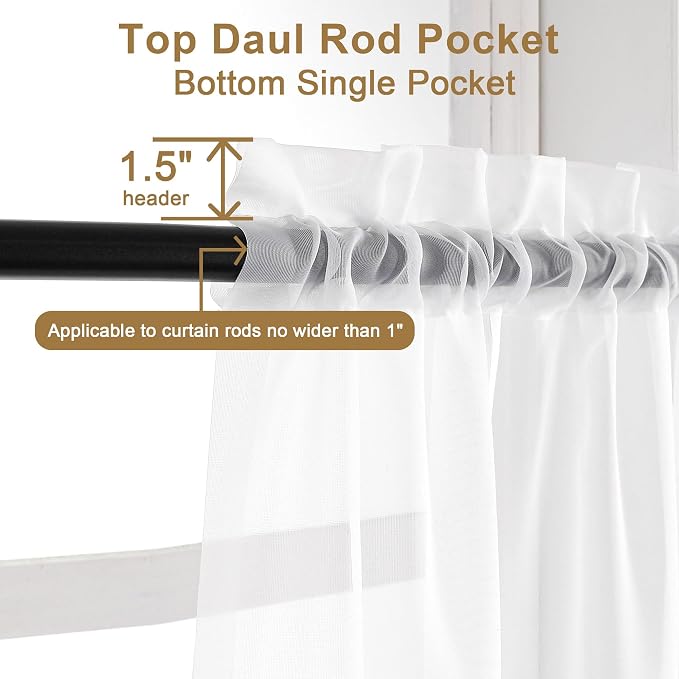Chyhomenyc White Sheer Curtains 30 inch Length 2 Panels | Light Filtering - Image 3