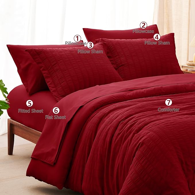 CozyLux Queen Comforter Set Dark Red Seersucker 7 Pieces Bed in a Bag Queen Comforter Set with Sheets, Luxury Soft Bedding Set with Down Alternative Comforter, Sheets, Pillowcases & Shams All Seasons