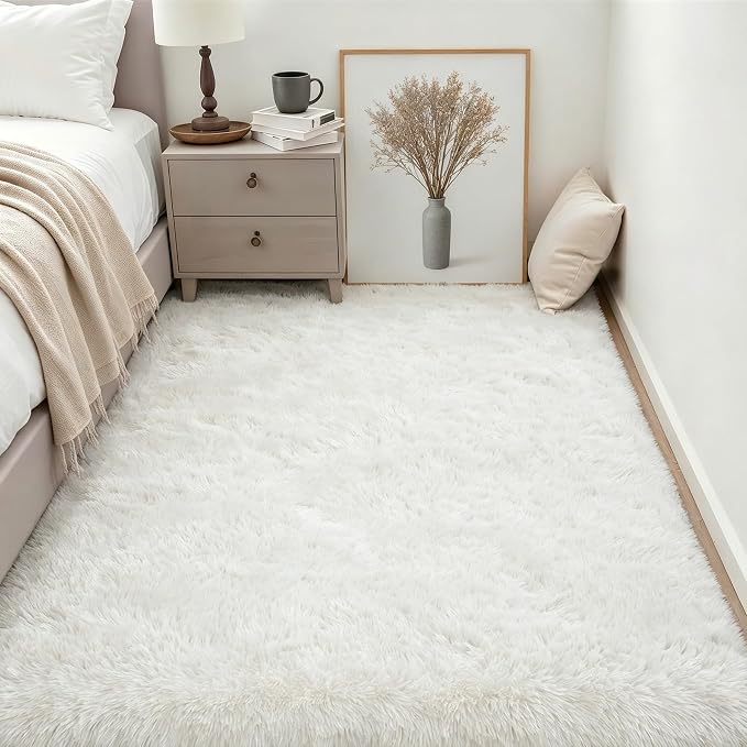 Area Rug Living Room Bedroom: 4x6 Fluffy Plush Shag Carpet Ivory | - Image 3