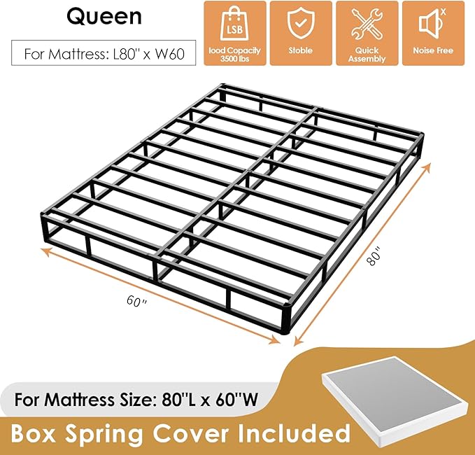 D&H FURNIMMT Queen Size Box Spring 7 Inch, Heavy Duty Metal Box Spring Bed Base with Fabric Cover, Mattress Foundation, Easy Assembly, Noise Free（Queen）