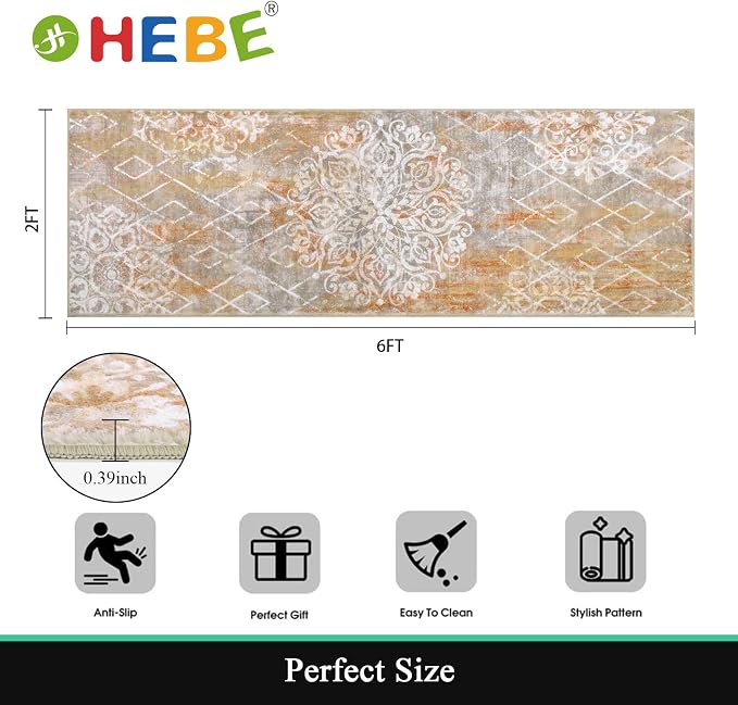HEBE Hallway Runner Rug 2'x6', Washable Non Slip Kitchen Rug Runner | Soft Boho - Image 2