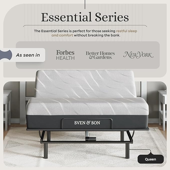 Sven and Son Essential Adjustable Bed Base (Frame) + 12 inch Memory Foam Matt (Medium), Easy Assembly, Head and Foot Lift, Memory Positions, Zero Gravity, Wireless Remote - Queen