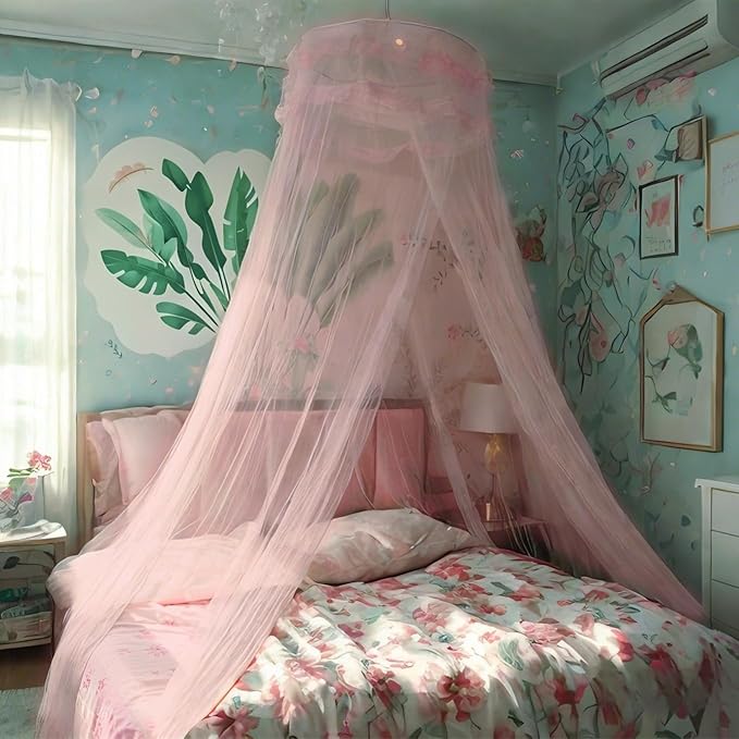 Eimilaly Lace Bed Canopy Mosquito Netting with Warm Lights, Princess Bed Canopy for Girls Room Decor, Pink/Single Door