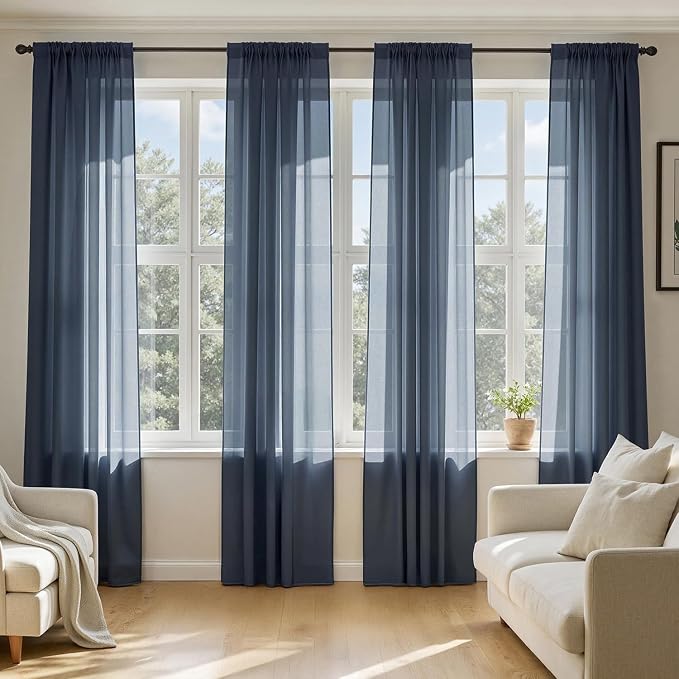 MIULEE Navy Blue Sheer Curtains 90 Inches Long 4 Panels 42 x 90 Inches | Light by MIULEE