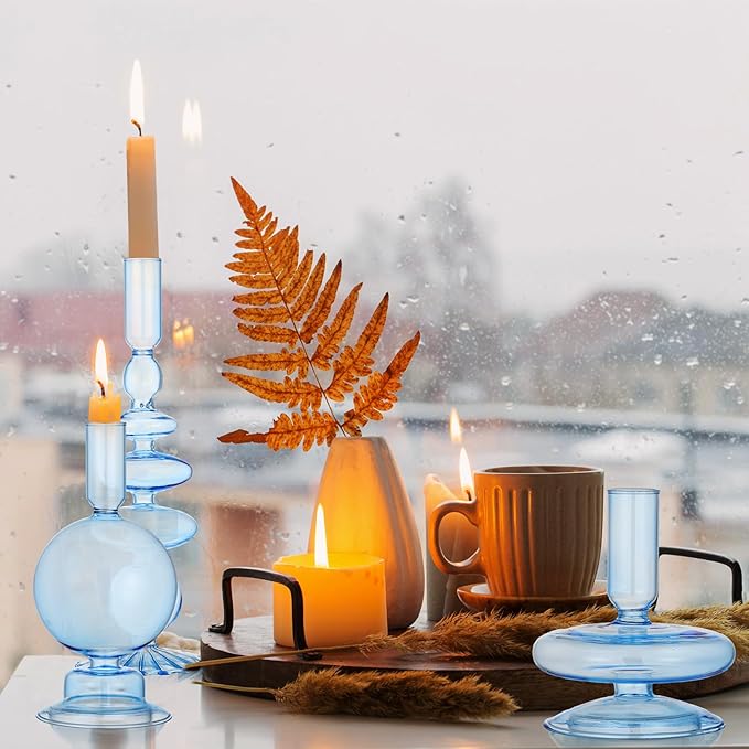 Rtteri 3 Pcs Glass Candlestick Holders Glass Candle Holders Groovy Wavy Elegant Taper Candle Stick for Wedding Home Birthday Party Christmas Halloween Decoration Windowsill Decor(Light Blue)