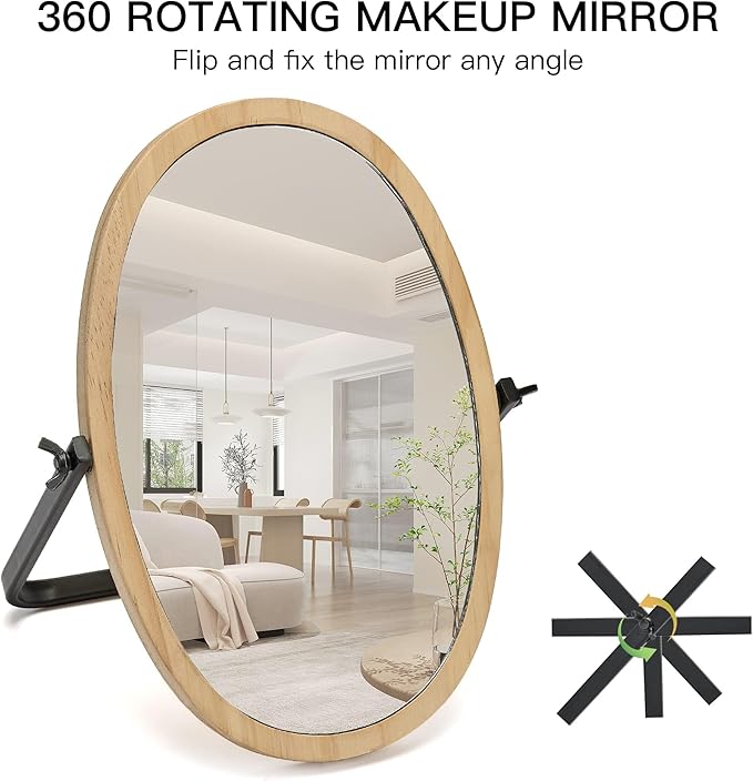 Generic Vanity Makeup Table Mirror - Desk Mirrors 360 Adjustable Rotation,Wood Framed Small Standing Mirror for Bedroom,Tabletop,Office,Antique,Dresser,Countertop 11.8'' x 7.8''