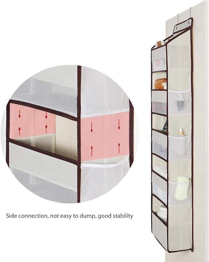 Univivi 1 Pack Over The Door Organizer, Non-Tilting Over The Door Organizer Hanging Door Storage With 5 Large Compartments 6 Side Pockets for Nursery Storage (Beige)
