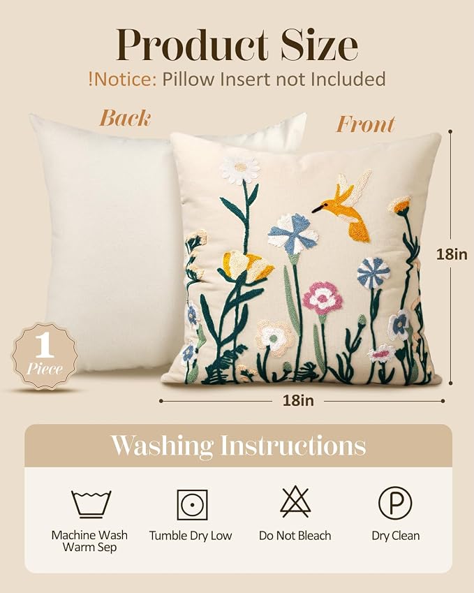 Embroidered Throw Pillow Cover 18x18 Inch, Flower Bird | Decorative Pillow Cover - Image 4