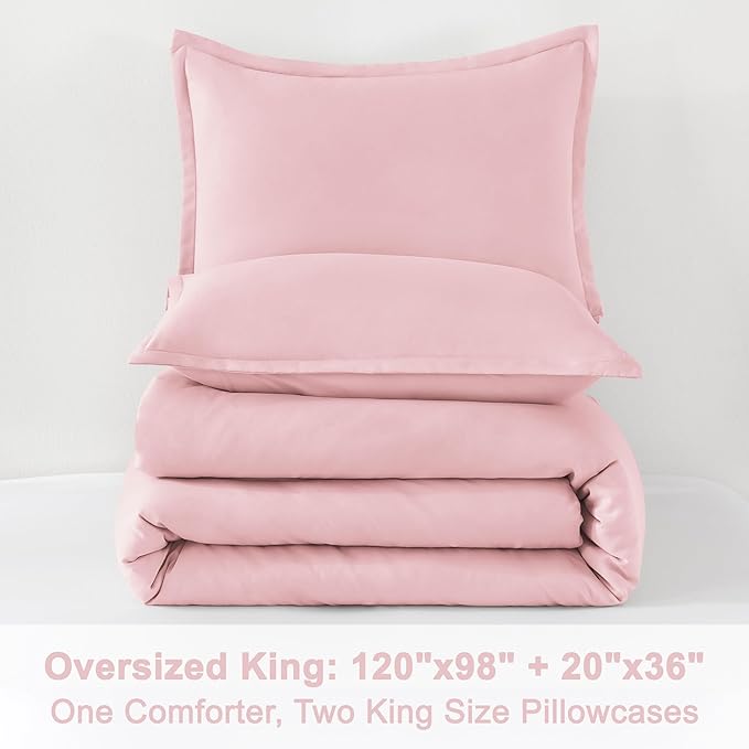 Litanika Comforters Pink Oversized King Size, 3 Pieces Lightweight Solid Bedding Set & Collections, All Season Fluffy Bed Set (120x98In Comforter & 2 Pillowcases)