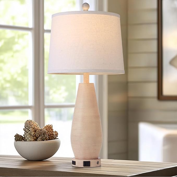 Farmhouse Table Lamps Set of 2 with USB C+A Ports and AC Outlet, 3 Way Touch Rustic Bedside Lamps for Living Room, 26.5" Cream Vintage Lamps for Bedroom Nightstand