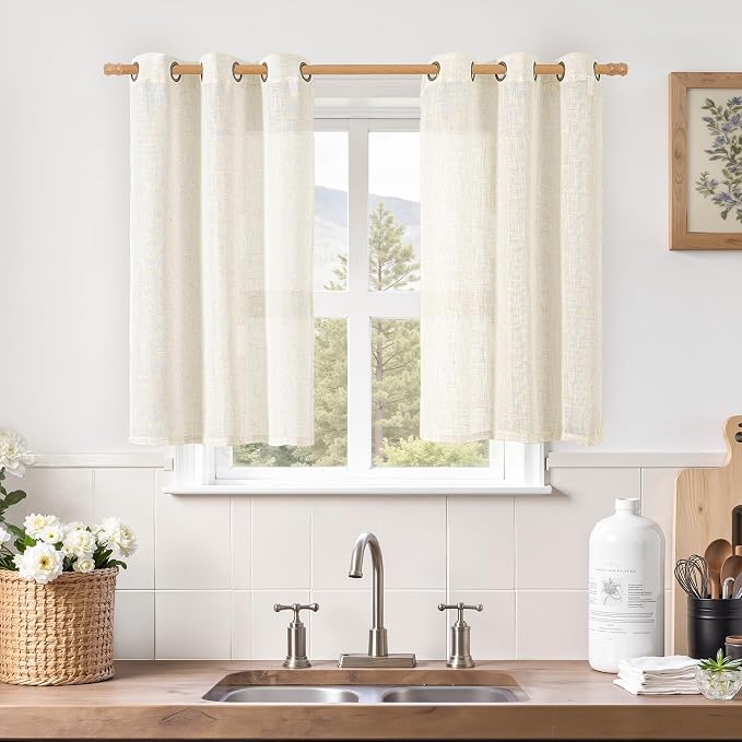 40 Inch Linen Curtains for Kitchen Windows Over Sink, Cream Ivory | Short Semi by LAMIT