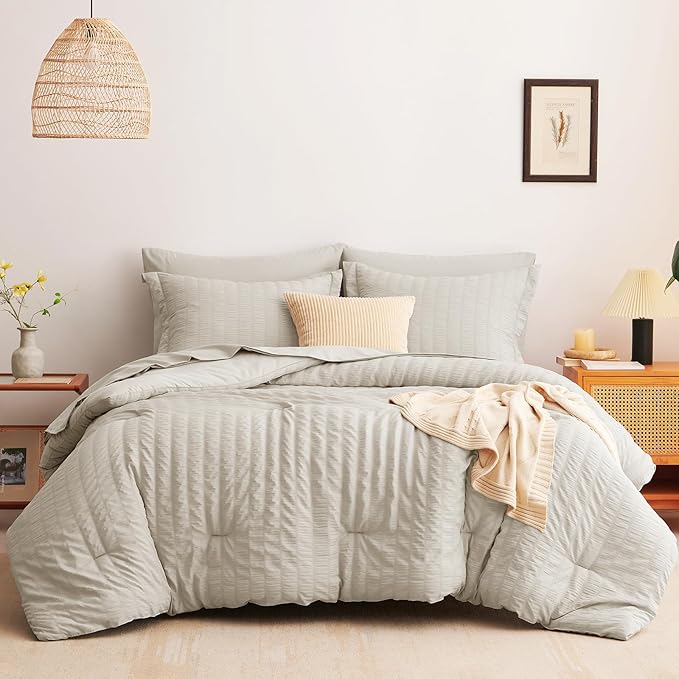 CozyLux Oversized Queen Comforter Set Beige Seersucker 7 Pieces 98x98 Bed in a Bag Comforter Set with Sheets, Luxury Soft Bedding Sets with Down Alternative Comforter, Sheets, Pillowcases & Shams