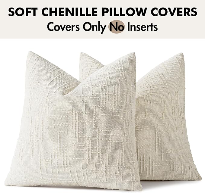 MIULEE Chenille Textured Euro Pillow Covers Cream White 24x24 Set of 2 | Slubby - Image 8