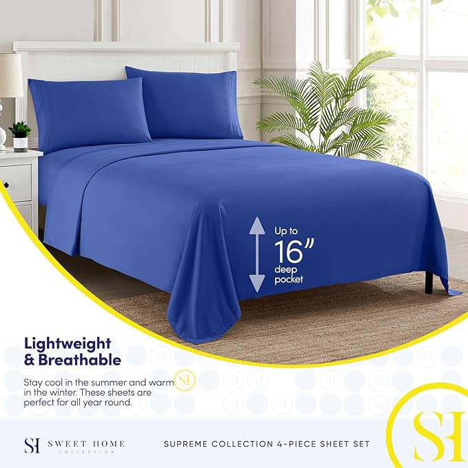 King Size Sheets - Breathable Luxury Bed Sheets with Full Elastic & Secure Corner Straps Built In - 1800 Supreme Collection Extra Soft Deep Pocket Bedding Set, Sheet Set, King, Royal Blue