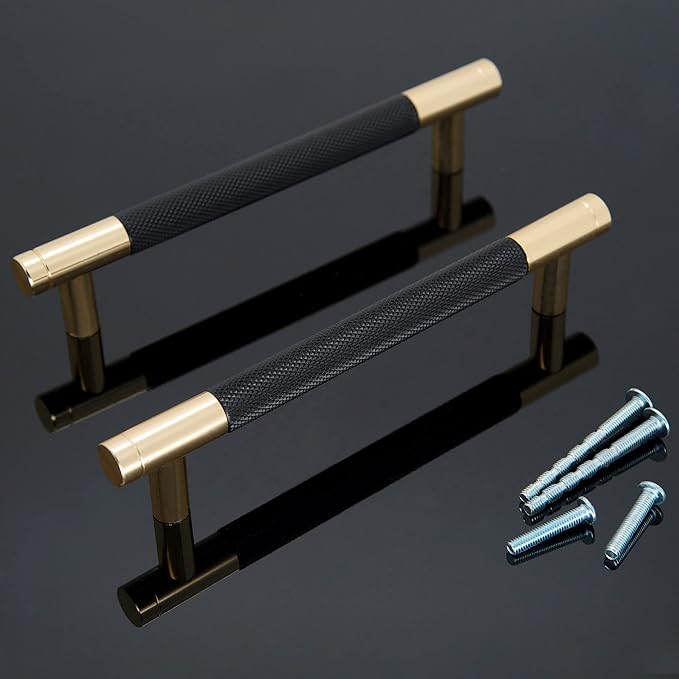 Knurled Cabinet Pulls 12 Pack, 6 Inch Long Cabinet Handles Metal Door Pulls, Kitchen Drawer Pull Knurled Dresser Handles - 5" Hole to Hole, Black & Gold